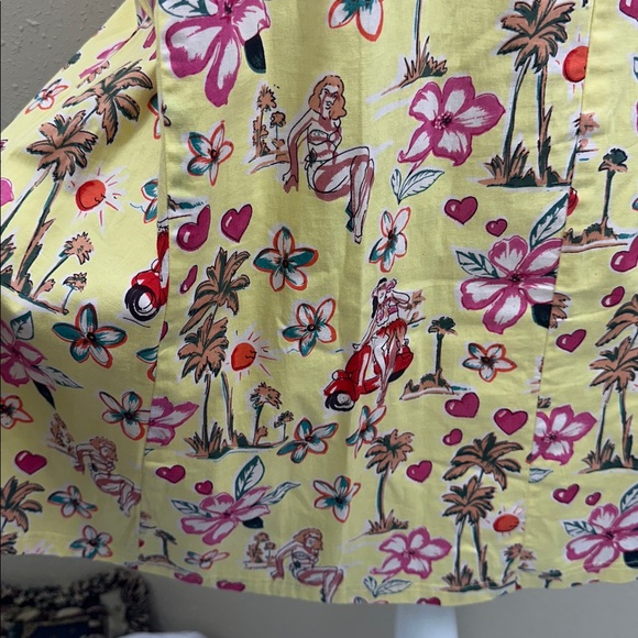 Temptation Yellow Halter Midi Dress Retro Hula Dancer Novelty Print Tropical L - Picture 5 of 11